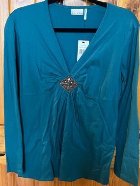 Nicole Miller Teal Long Sleeve V-Neck Top with Center Embellishment
